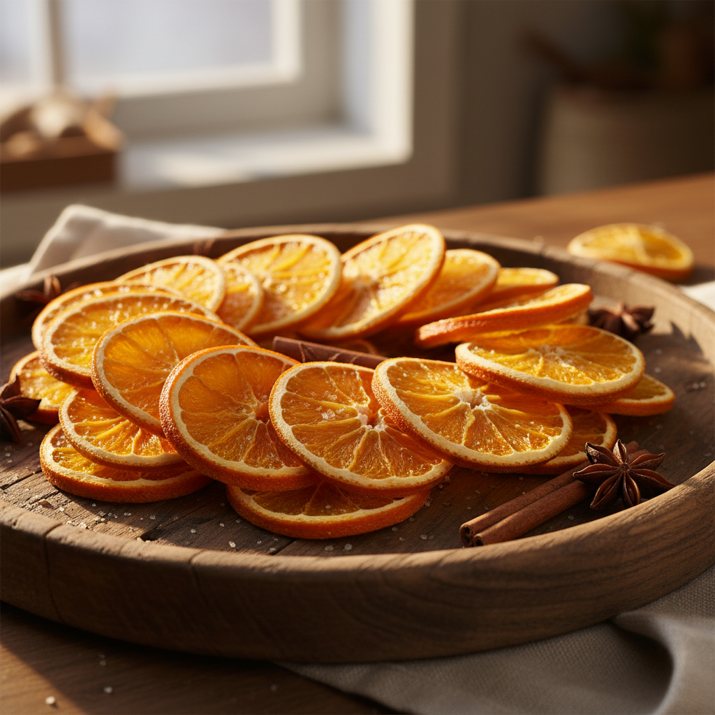 Dehydrated orange slices in a rustic wooden tray