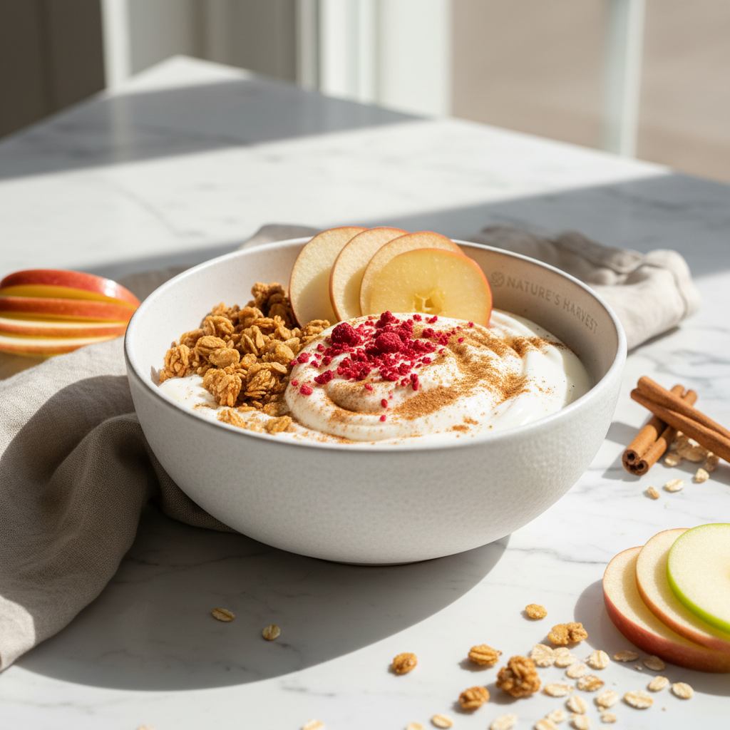 Granola bowl topped with Pure Dehydra dehydrated apple rings