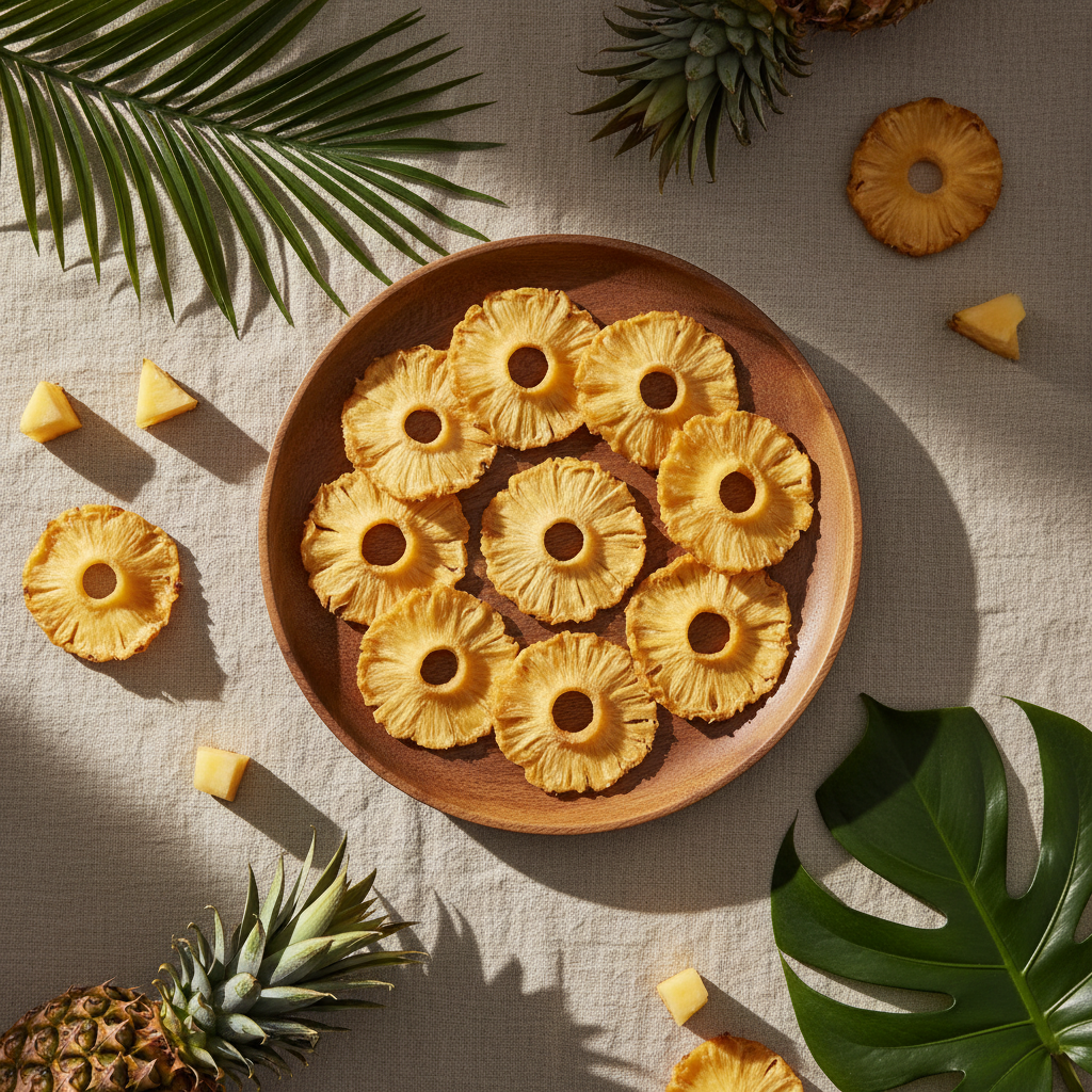 Dehydrated pineapple slices in a rustic wooden tray