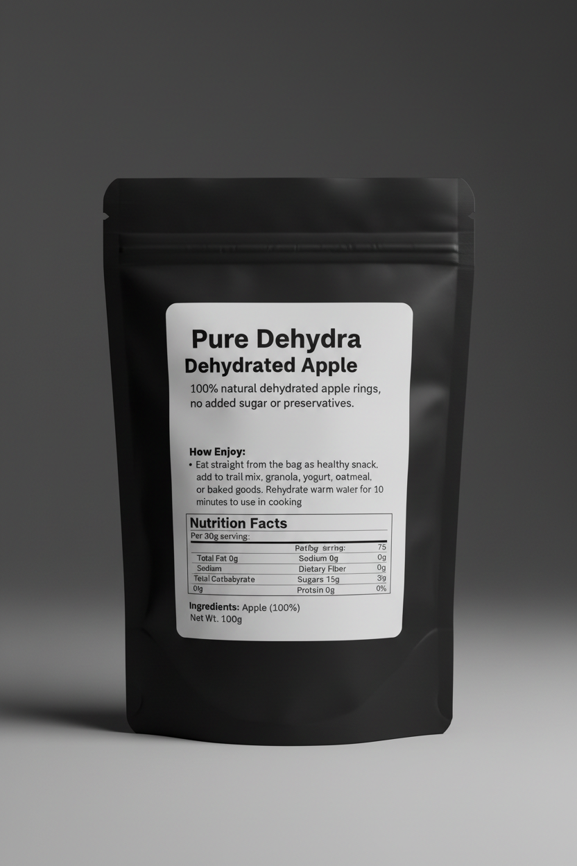 Pure Dehydra Dehydrated Apple back of bag with nutrition facts and usage