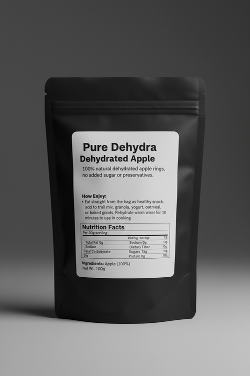Pure Dehydra Dehydrated Apple back of bag with nutrition facts and usage