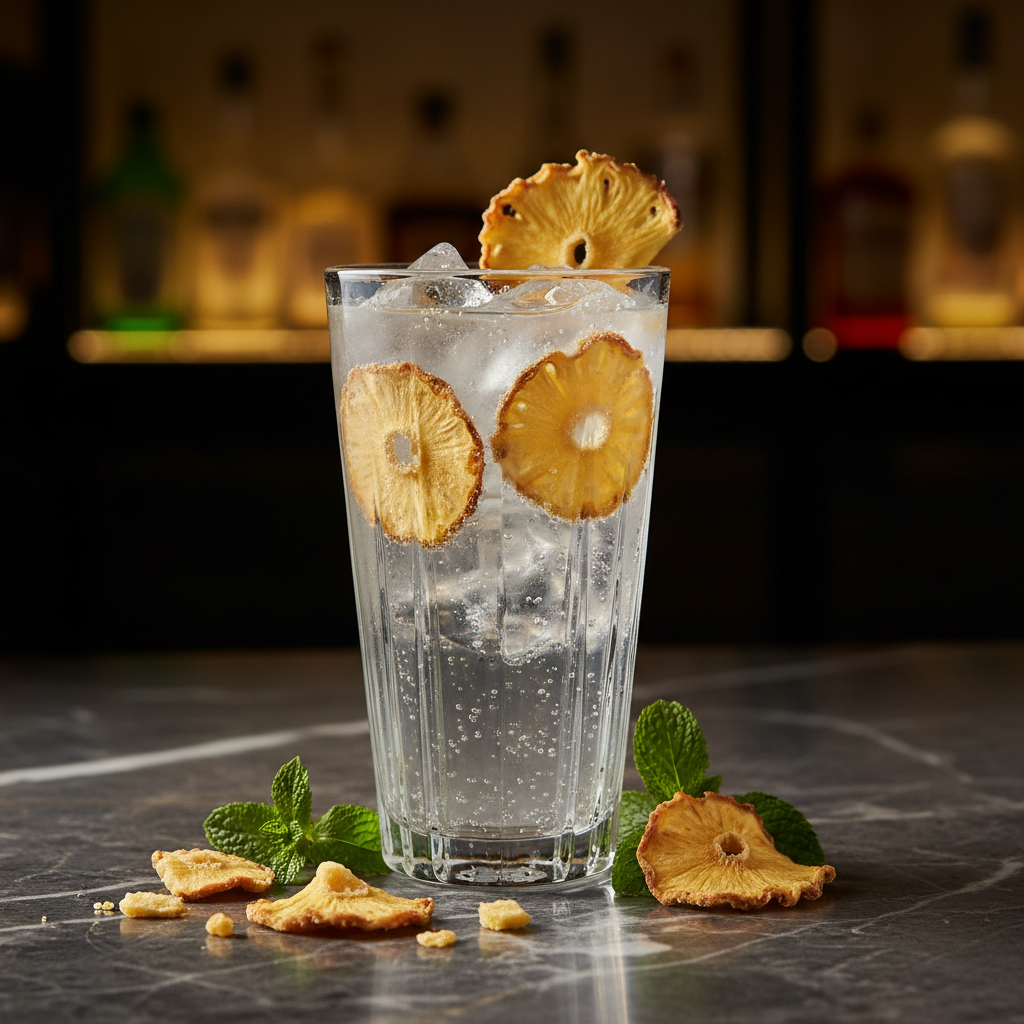 Tropical cocktail garnished with Pure Dehydra dehydrated pineapple slices